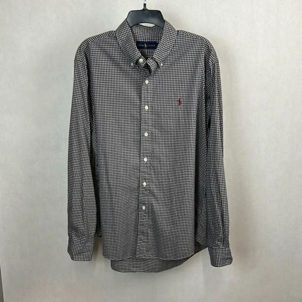 Ralph Lauren Button Front Shirt Mens Sz Large Long Sleeve White Navy Blue Plaid